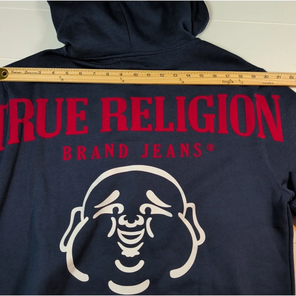 True Religion Zip Hoodie Mens Large Navy Blue Buddha Graphic Logo 106659